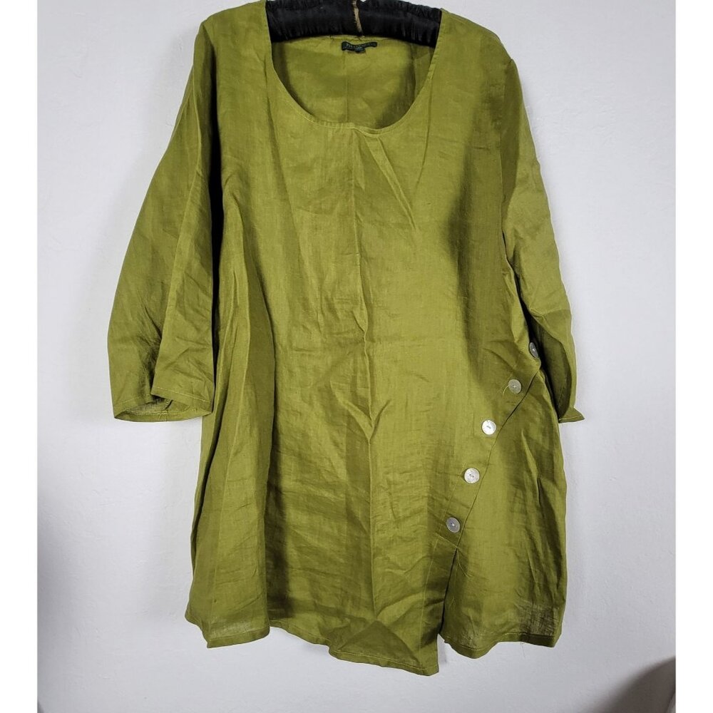 For Cynthia Petite Women Asymmetrical Button Linen Tunic Top 1X Green Artsy NWOT